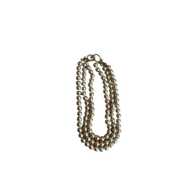 Vintage 3 Strand Faux Pearl Gold Tone Necklace Knotted 16" - Picture 1 of 12